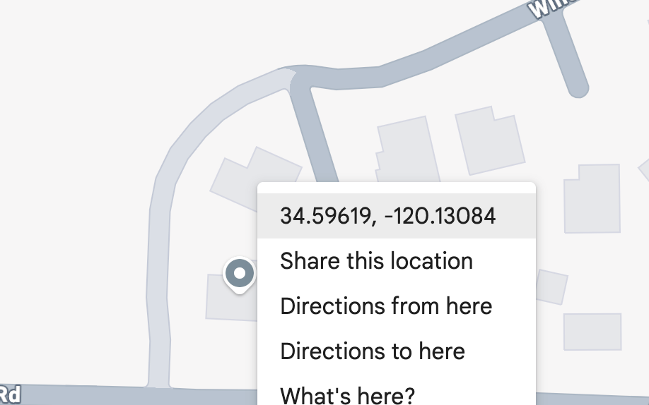 Screenshot: after right-clicking the map in Google Maps, the context menu shows a line of decimal coordinates at the top; click that line to copy.